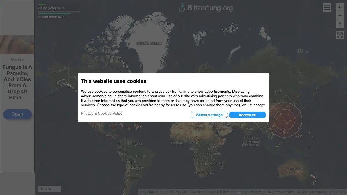 Screenshot of Blitzortung Lightning Map