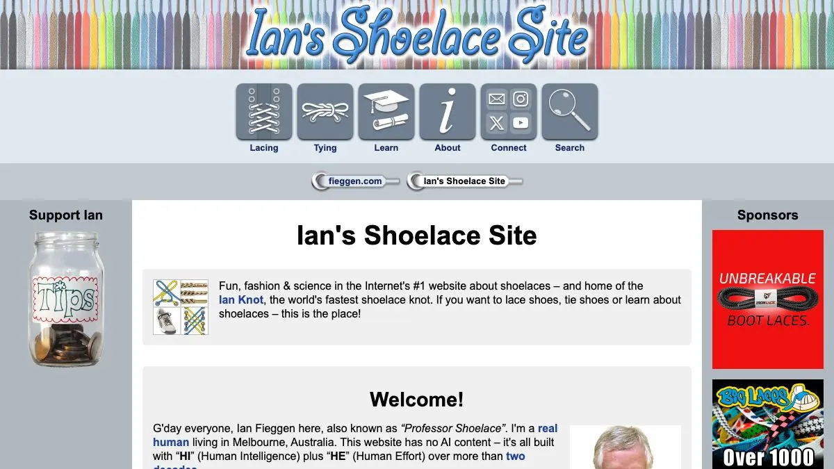 Screenshot of Ian's Shoelace Site