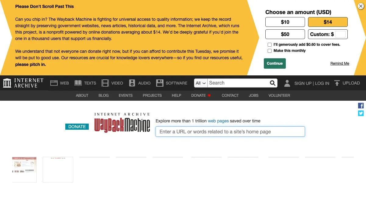 Screenshot of Internet Archive / Wayback Machine