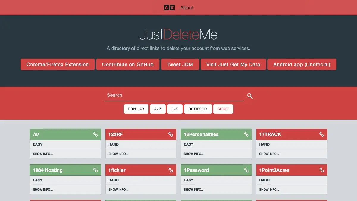 Screenshot of JustDeleteMe