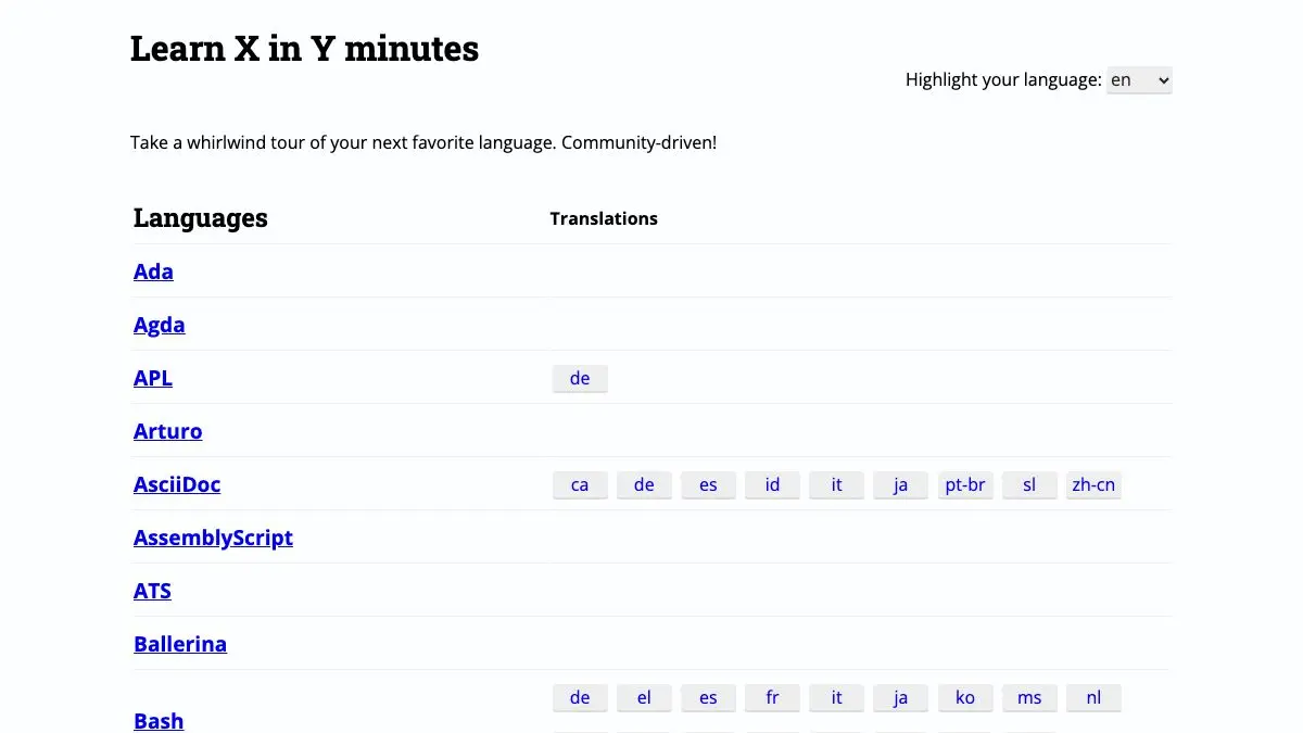 Screenshot of Learn X in Y Minutes