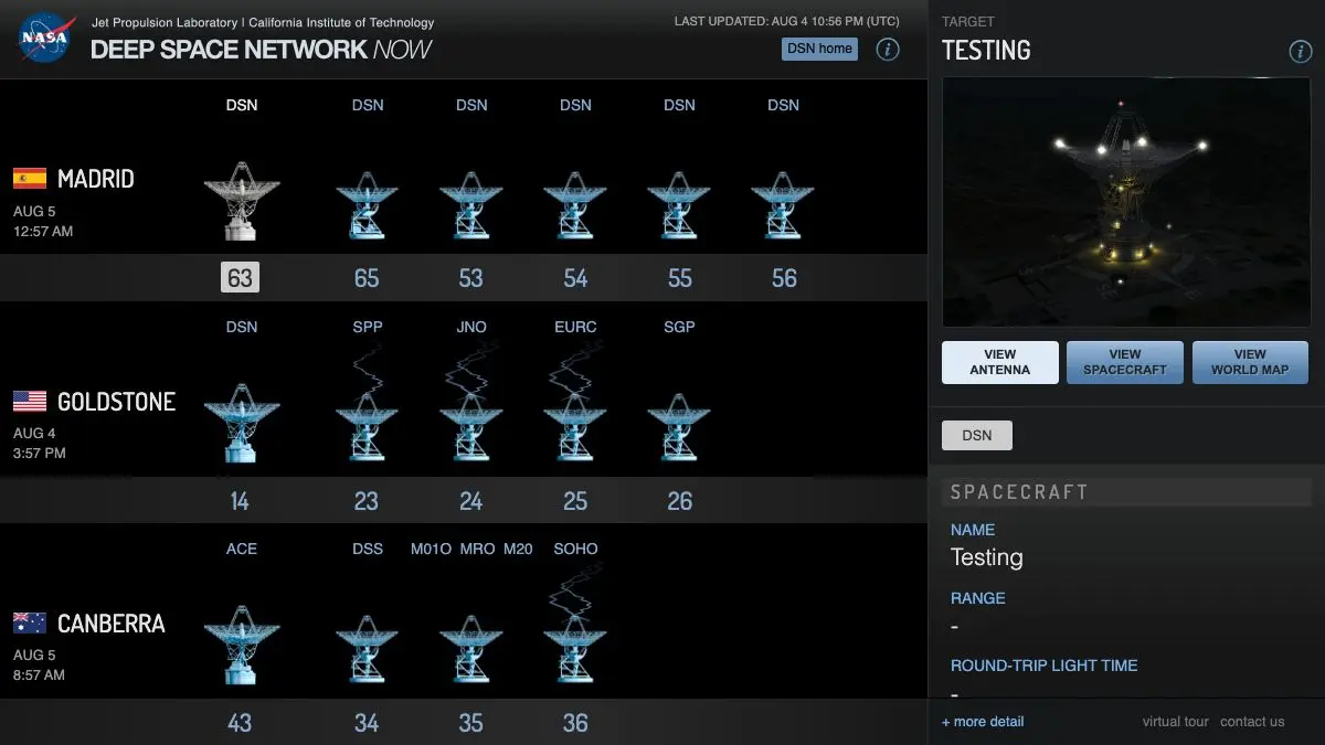 Screenshot of NASA Deep Space Network Now