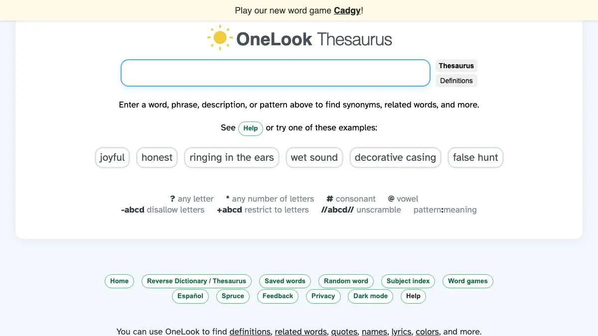 Screenshot of OneLook Reverse Dictionary