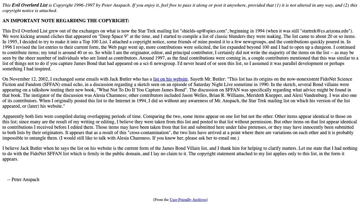 Screenshot of Peter's Evil Overlord List