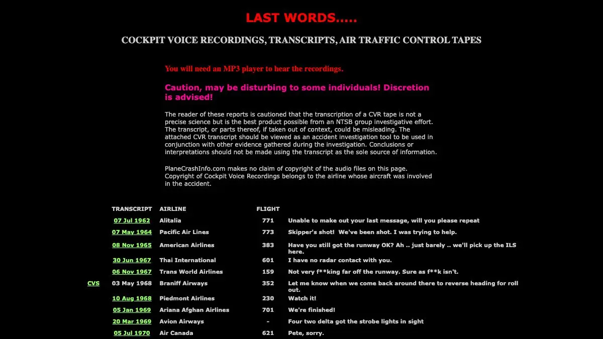 Screenshot of Plane Crash Info: Last Words