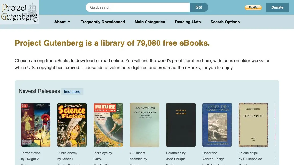 Screenshot of Project Gutenberg