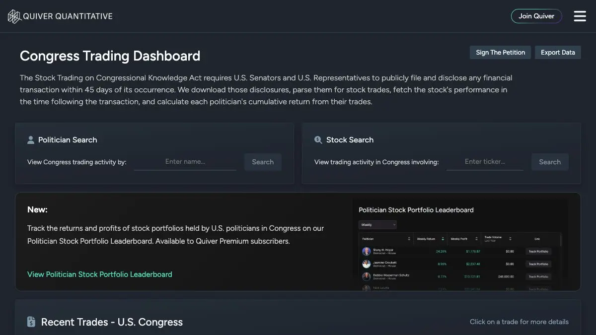 Screenshot of Quiver Quantitative — Congress Trading