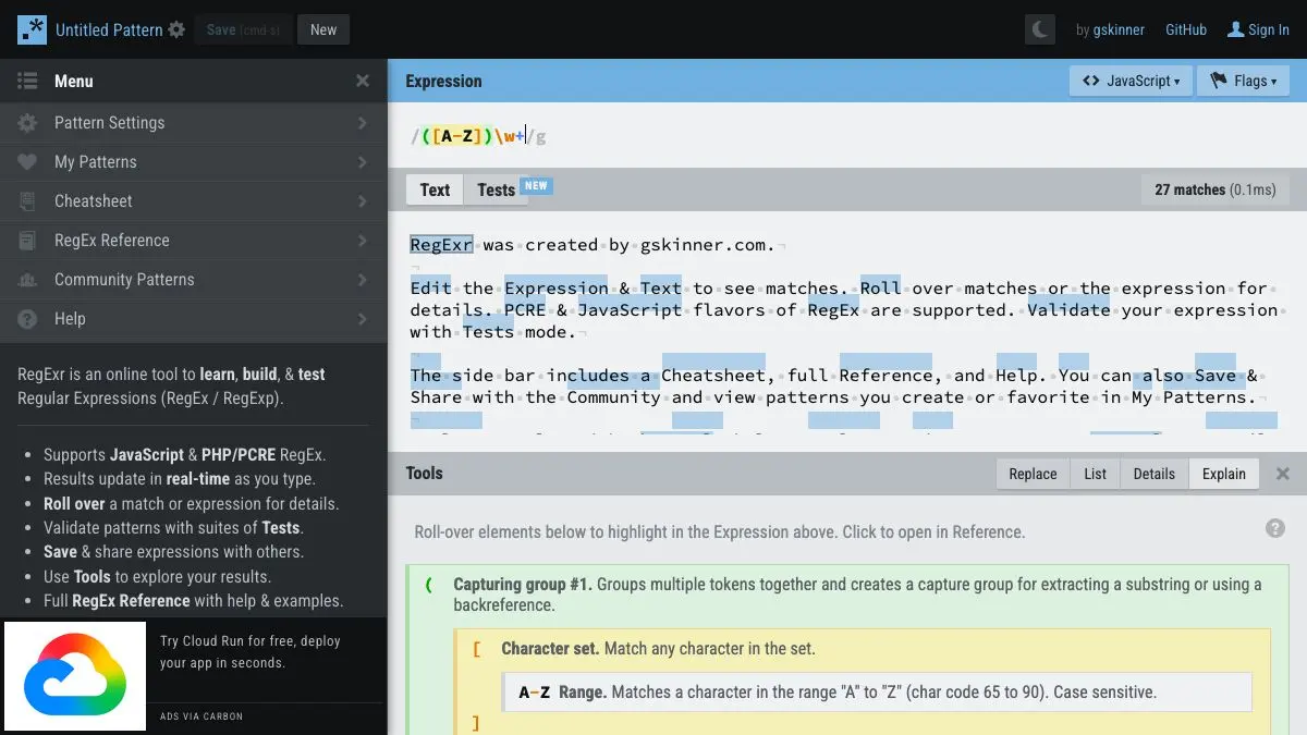 Screenshot of RegExr