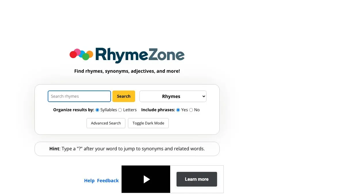 Screenshot of RhymeZone