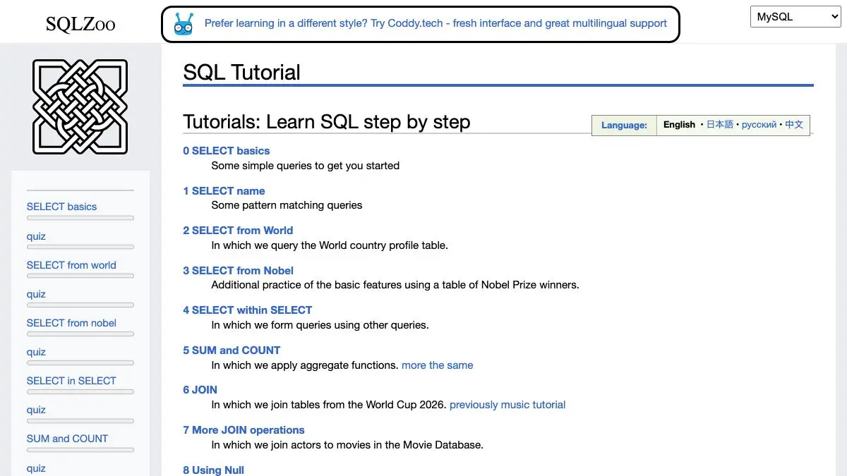 Screenshot of SQLZoo