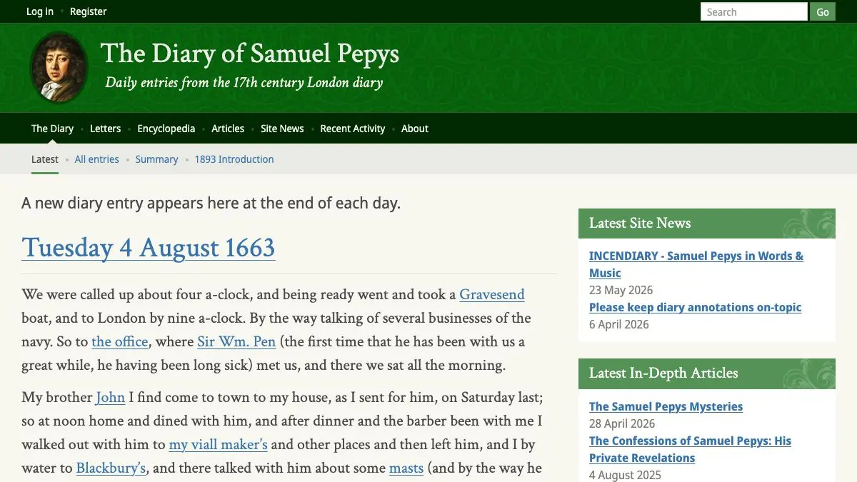 Screenshot of The Diary of Samuel Pepys