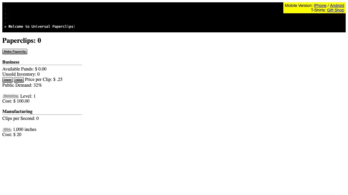 Screenshot of Universal Paperclips
